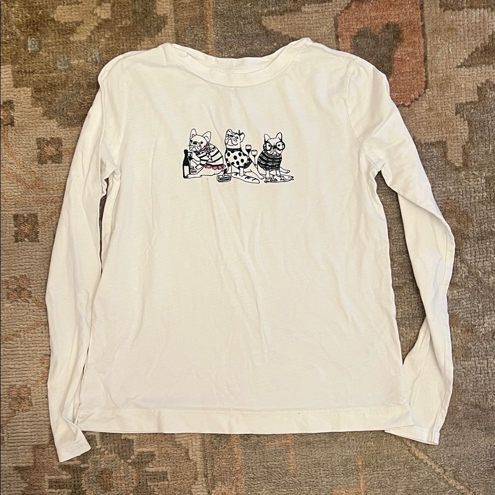 LOFT White Long Sleeve Top with French Bulldogs